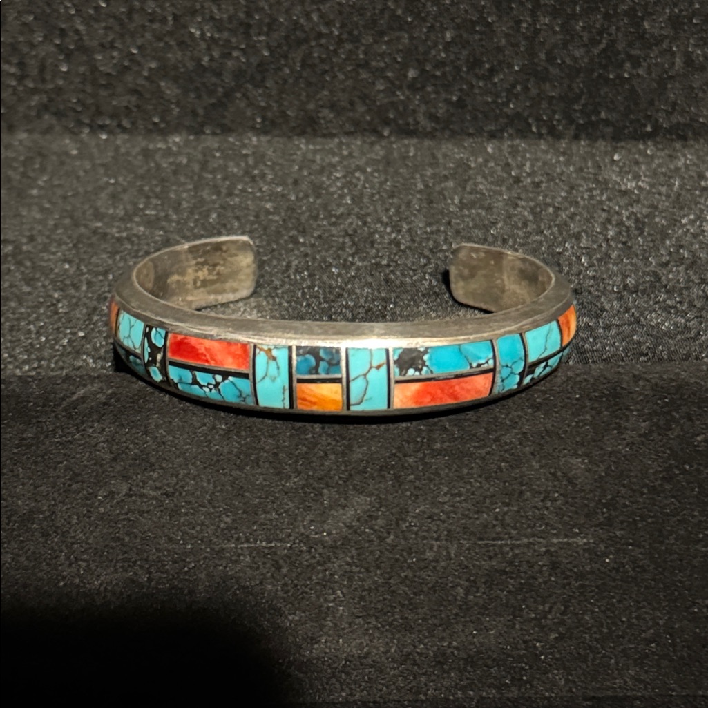 Turquoise, Onyx And Spiny Oyster Inlay Bracelet